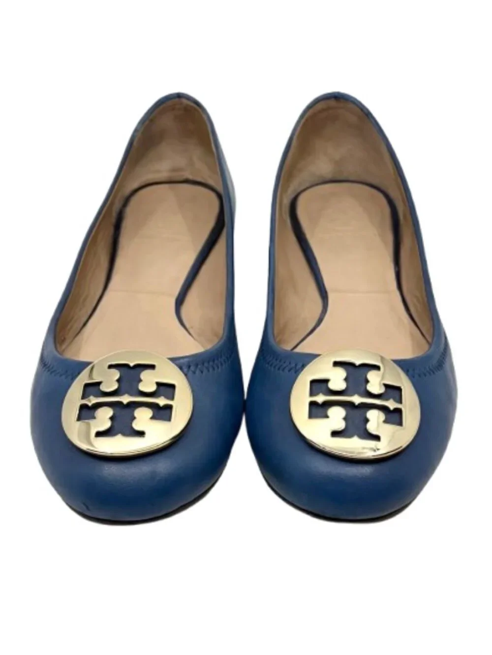 TORY BURCH~Gold Reva Logo~BALLET FLATS SHOES~BLUE NAPA LEATHER Size 8